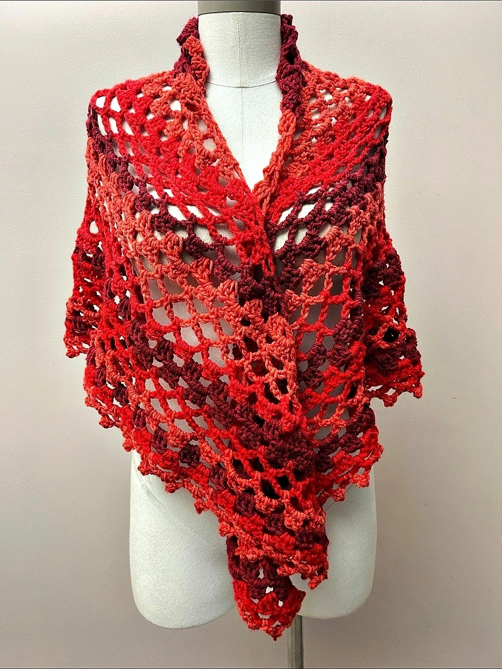 Crochet handmade hand knit Shawl Wrap in Red Orange fall colors